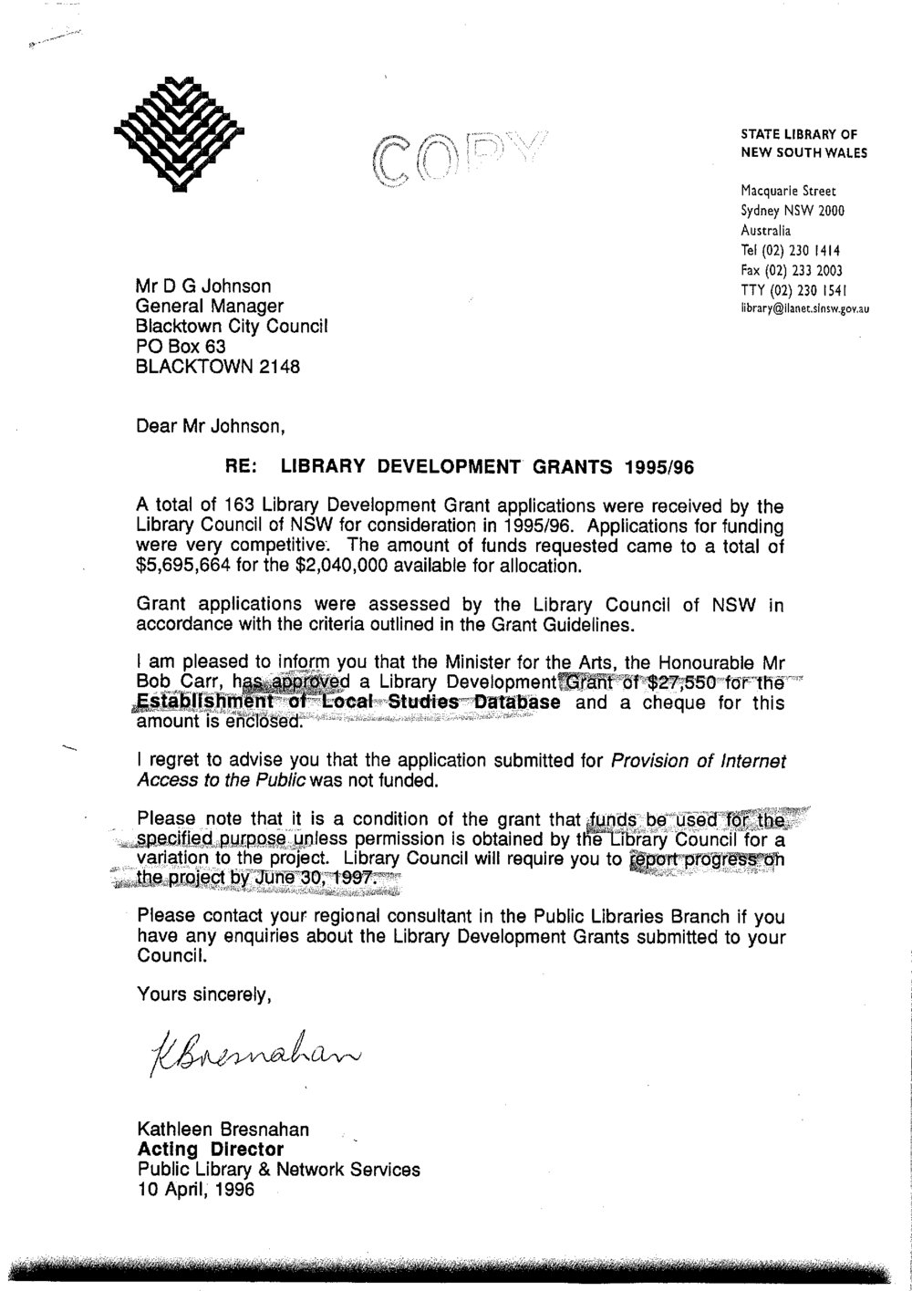 Library Development Grant, 1995-1996