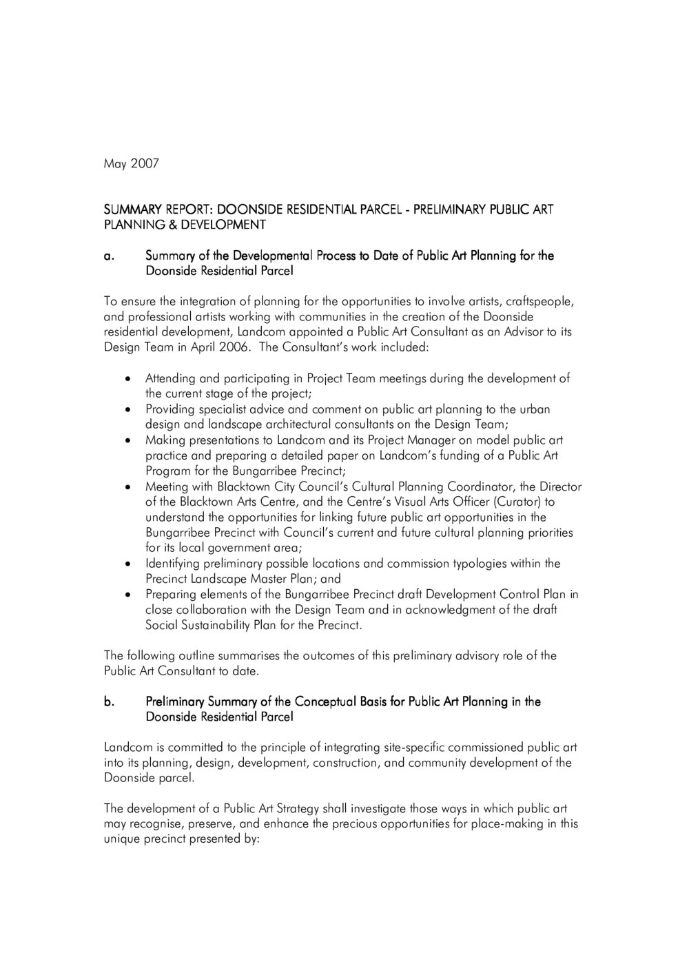 Doonside Residential Parcel, Public Art Summary Report, 2007