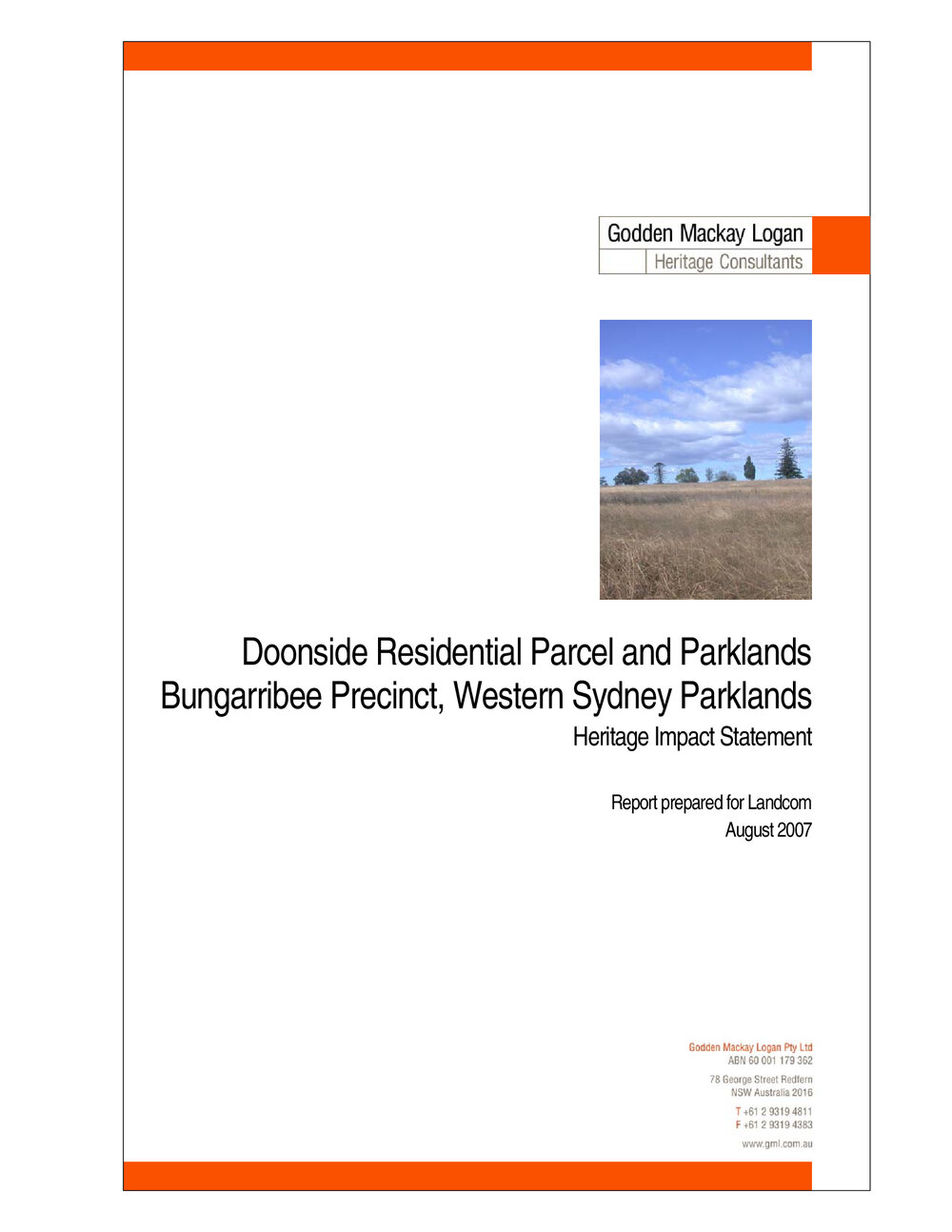 Doonside Residential Parcel and Parklands Bungarribee Precinct, Western Sydney Parklands,  Heritage Impact Assessment, 2007
