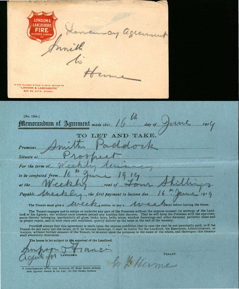 Memorandum of Agreement to let Smith's Paddock, Prospect, 1919