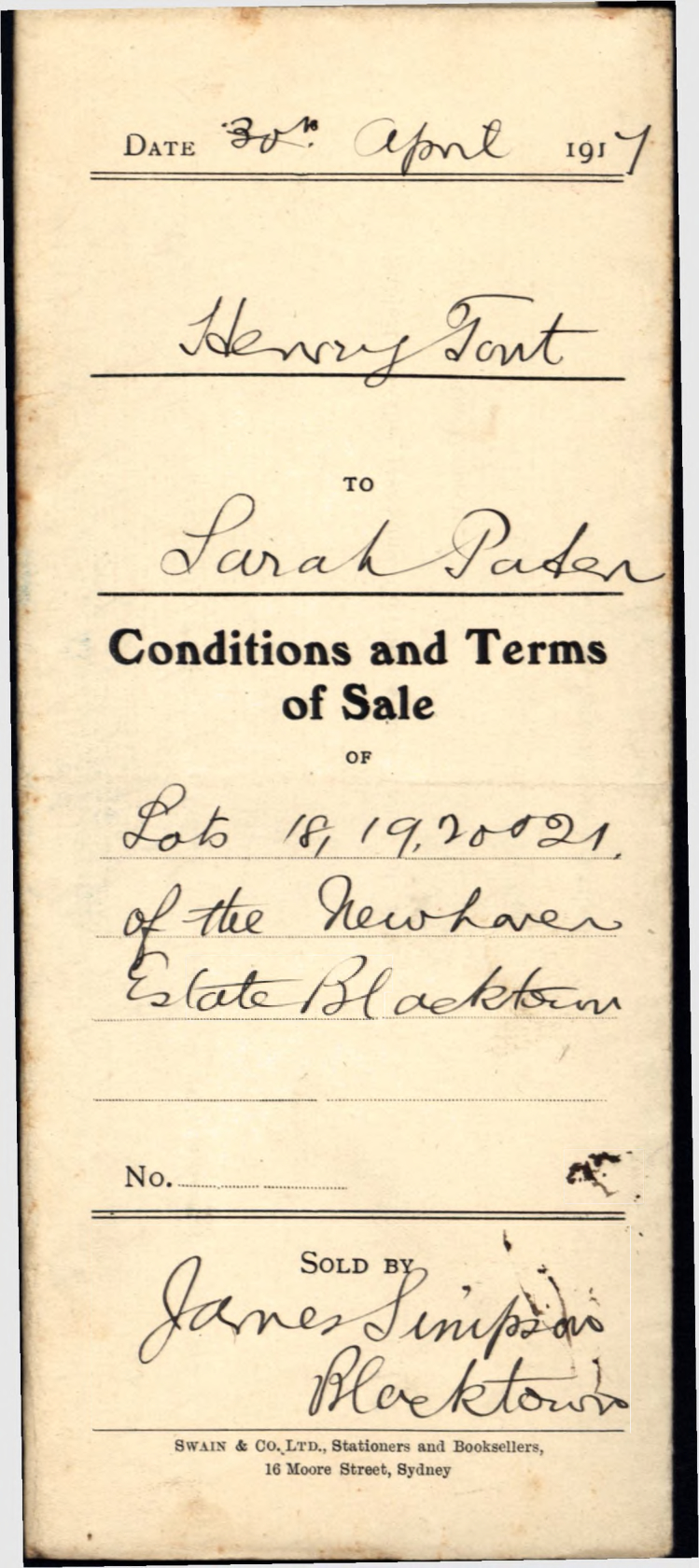 Conditions and Terms of Sale, Lots 18, 19, 20 and 21 Newhaven Estate, Blacktown