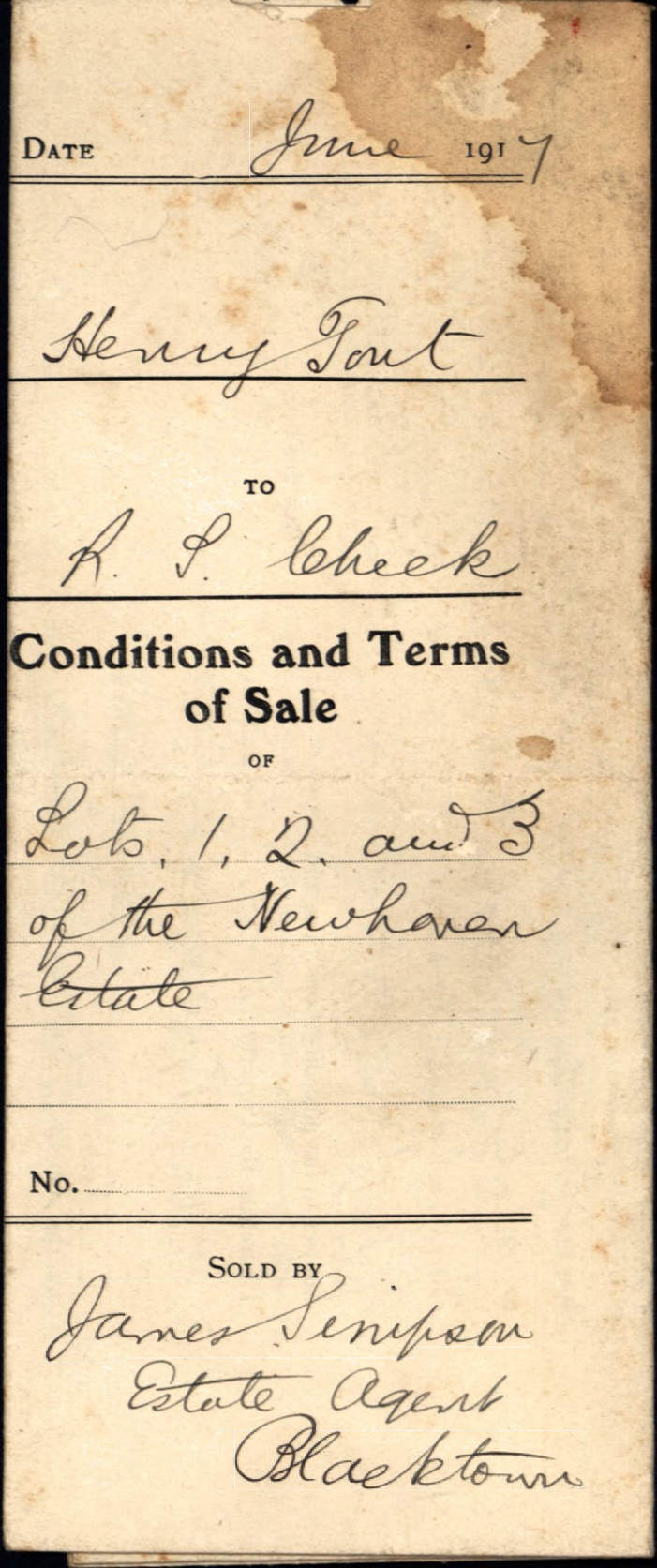 Conditions and Terms of Sale, Lots 1 2 and 3 Newhaven Estate, Blacktown, 1917