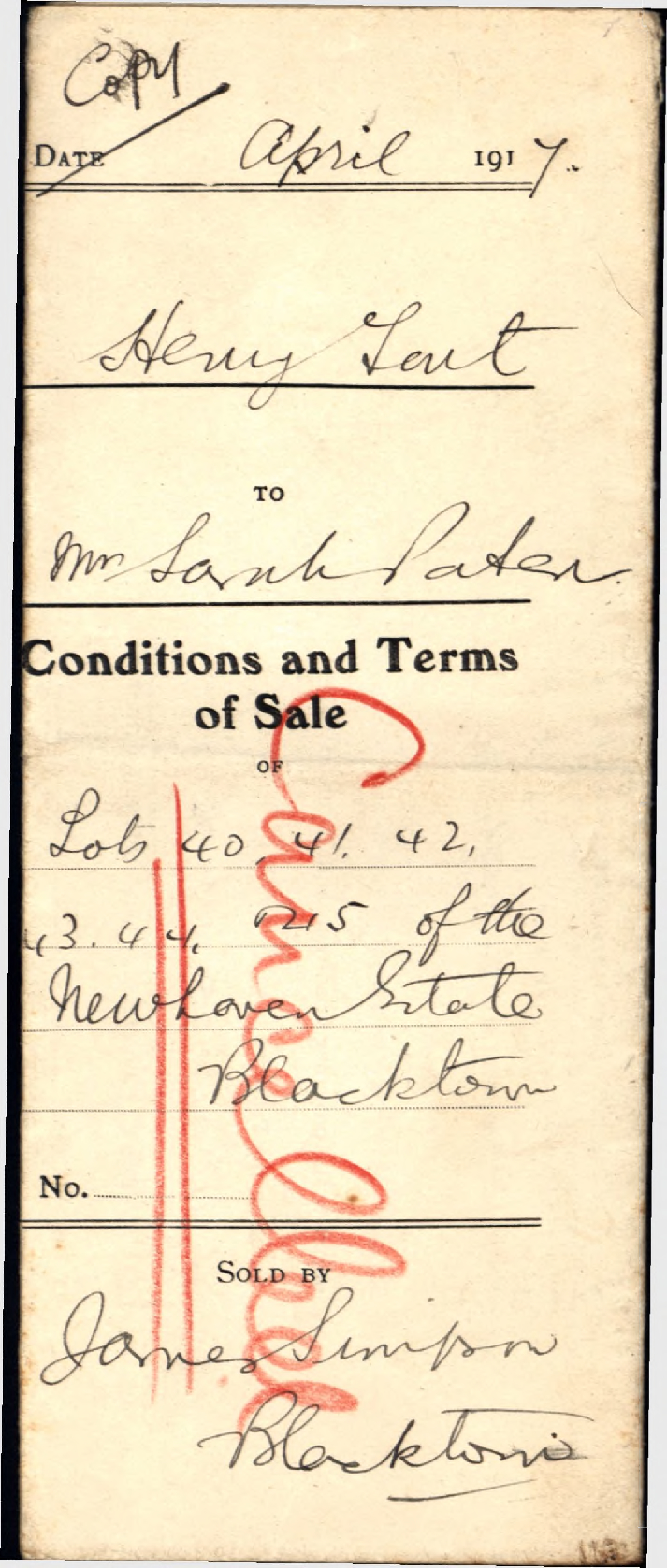 Cancellation of Conditions and Terms of Sale, Lots 40, 41, 42, 43, 44 and 45 Newhaven Estate, Blacktown, 1917