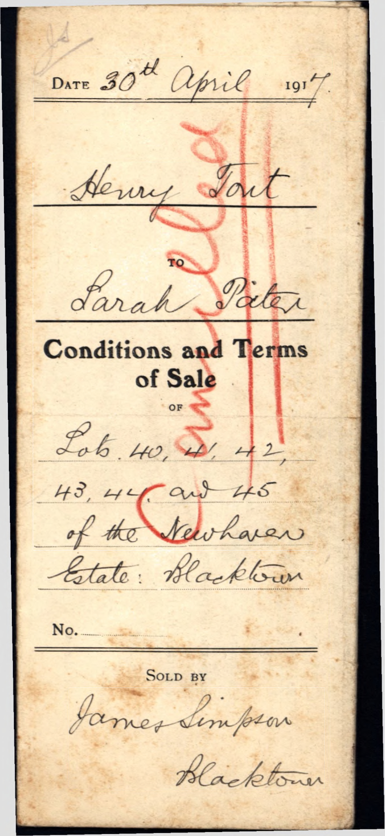 Conditions and Terms of Sale, Lots 40, 41, 42, 43, 44 and 45 Newhaven Estate, Blacktown, 1917