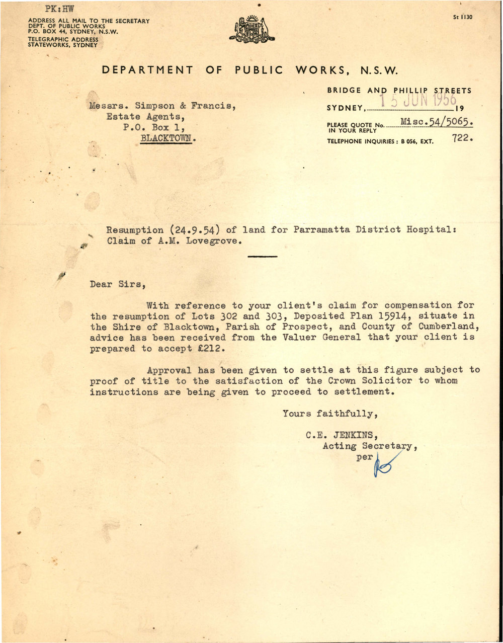 Resumption of Land for Hospital, Blacktown 1956