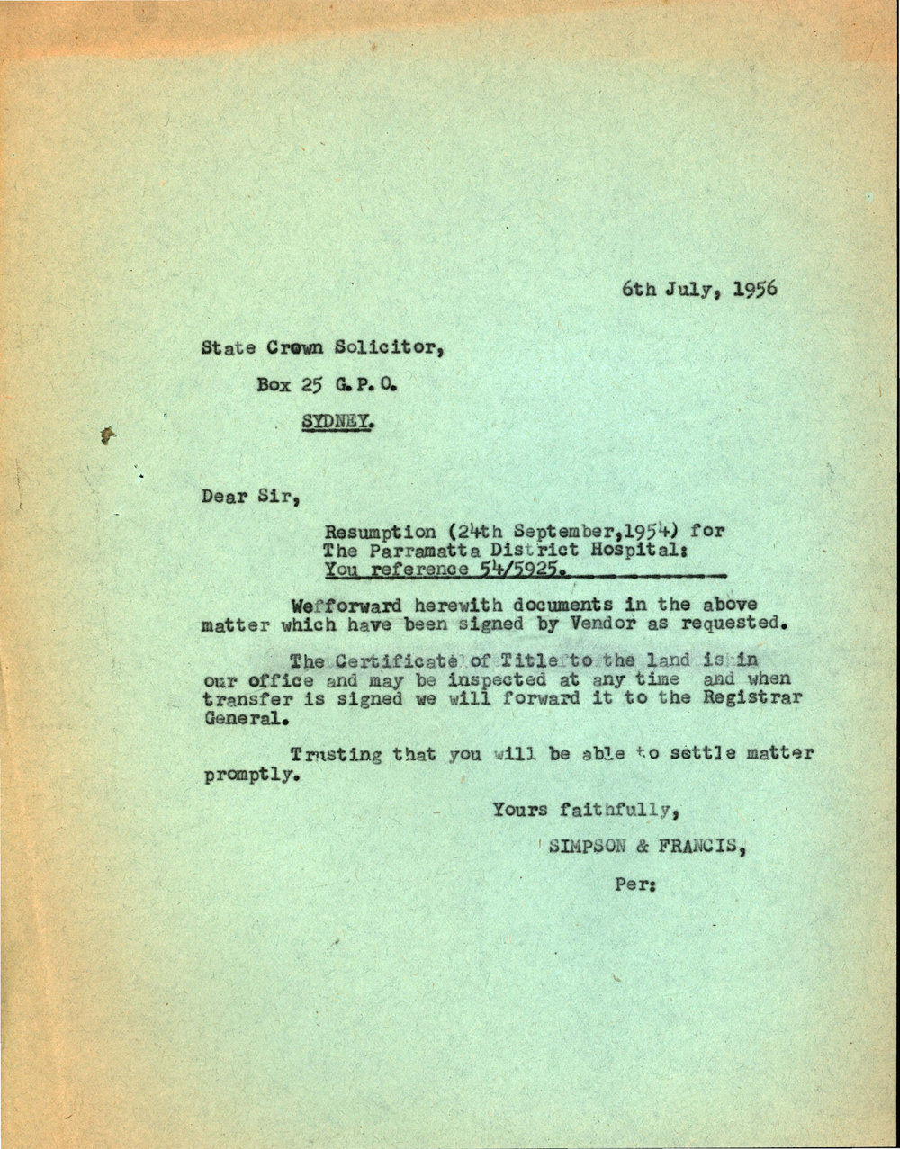 Letter from James Simpson to the State Crown Solicitor, 1956