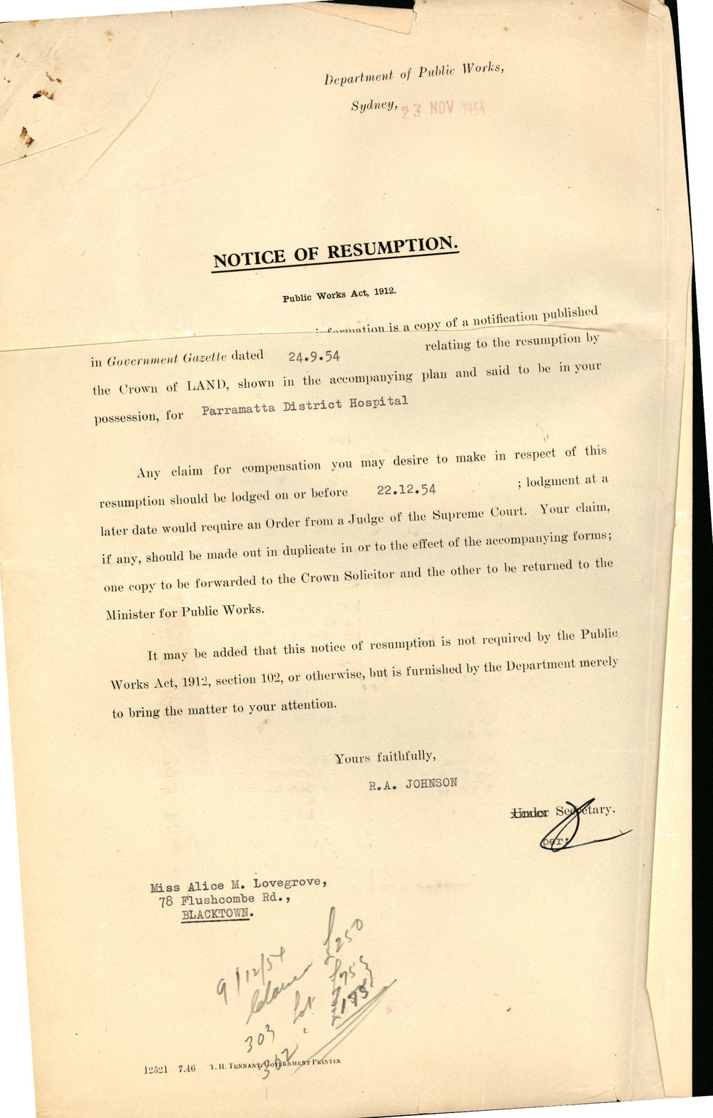 Notice of Resumption of Land, 1954