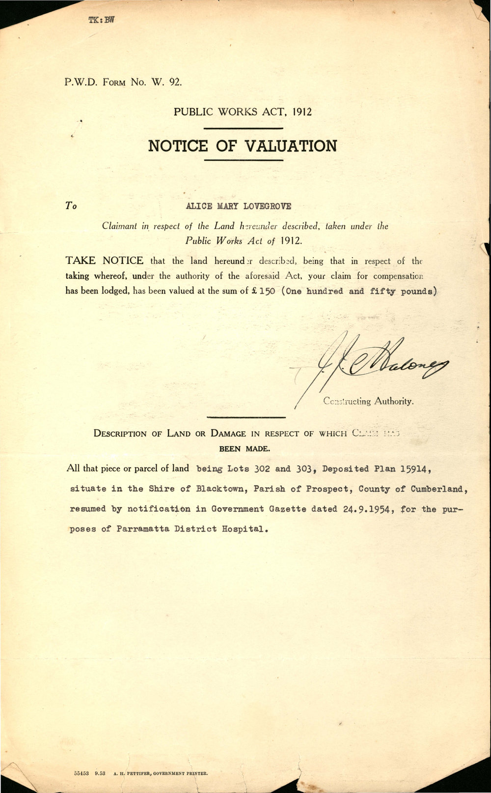 Notice of Valuation, Lots 302 and 303  near Marcel Crescent Blacktown, 1954