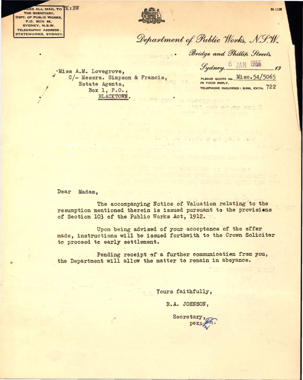 Resumption of Land for Hospital, Blacktown, 1956