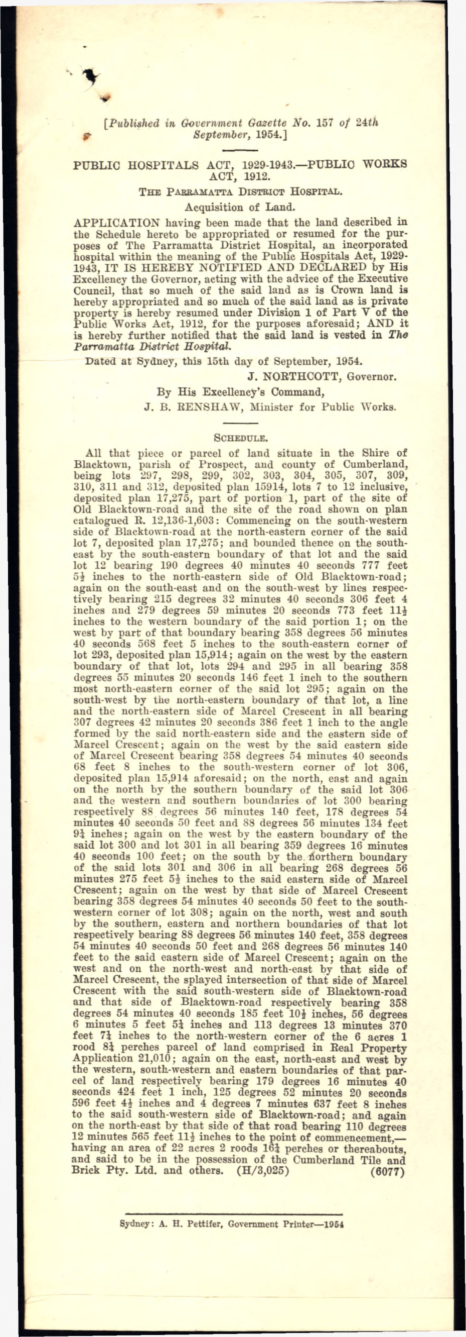 Public Hospitals Act 1929-1943, Acquisition of land for Blacktown Hospital, 1954