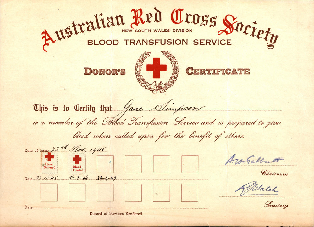 Australian Red Cross Society Donor's Certificate, 1945-1946