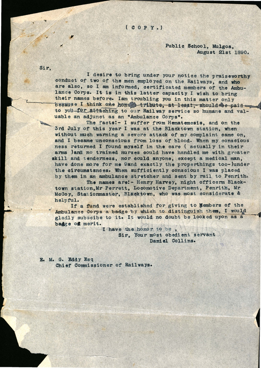 Letter from Daniel Collins to the Chief Commissioner of Railways, 1890