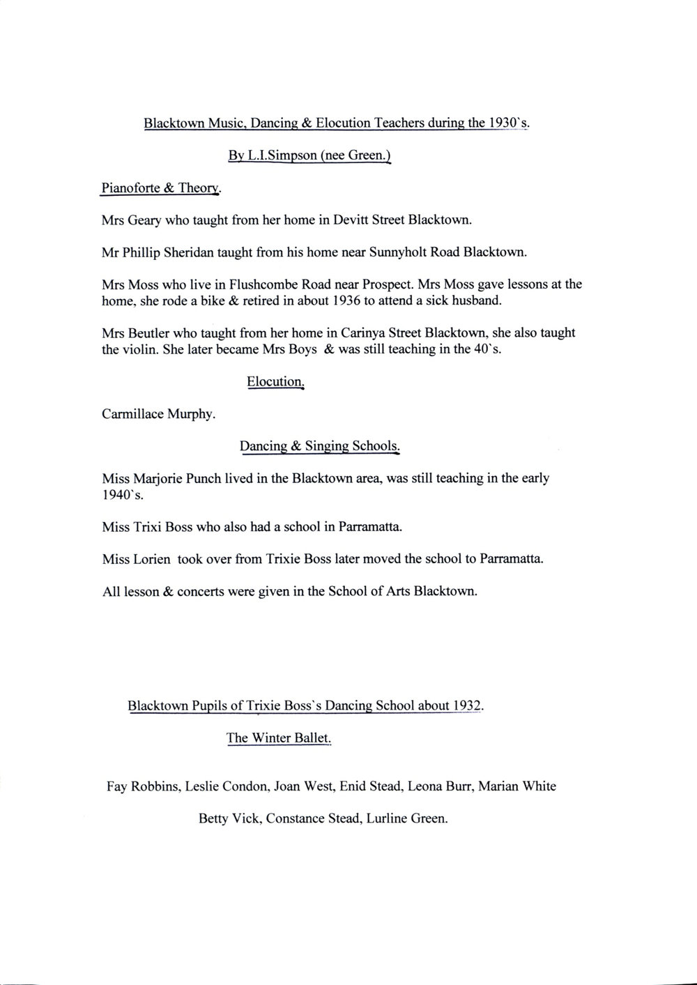 Blacktown Music, Dancing &amp; Elocution Teachers during the 1930s