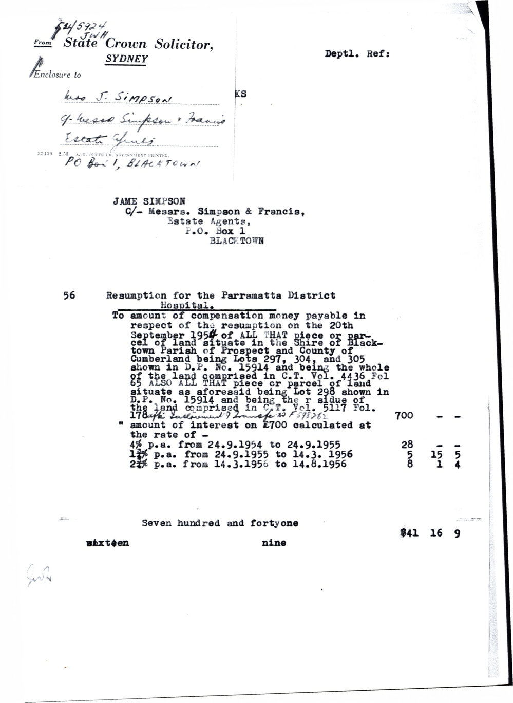 Payment, Resumption of Land for Hospital, Blacktown 1956