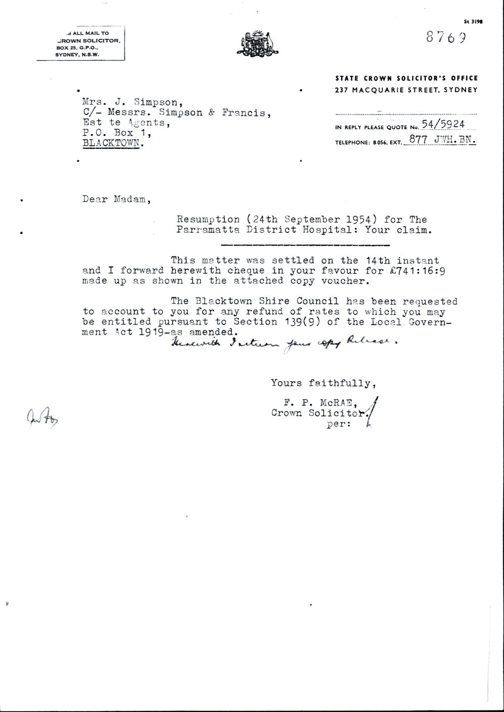 Payment for Resumption of Land for Hospital, Blacktown, 1956