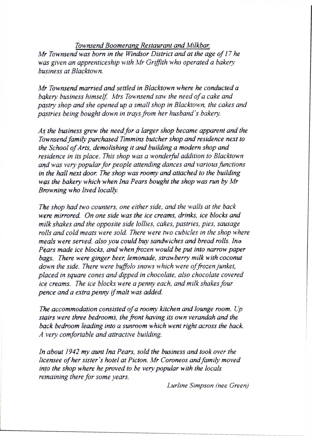 Townsend Boomerang Restaurant and Milk Bar, Lurline Simpson