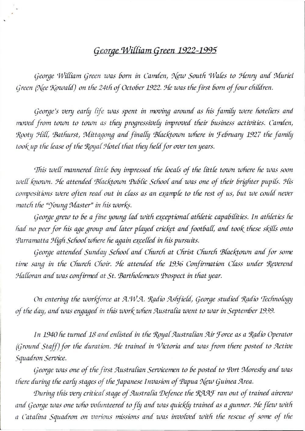 George William Green 1922-1995 Eulogy, Gordon Simpson