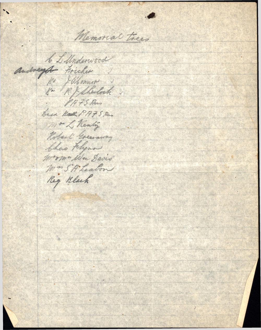 Handwritten Subscribers List - Memorial Trees Francis Park, 1936