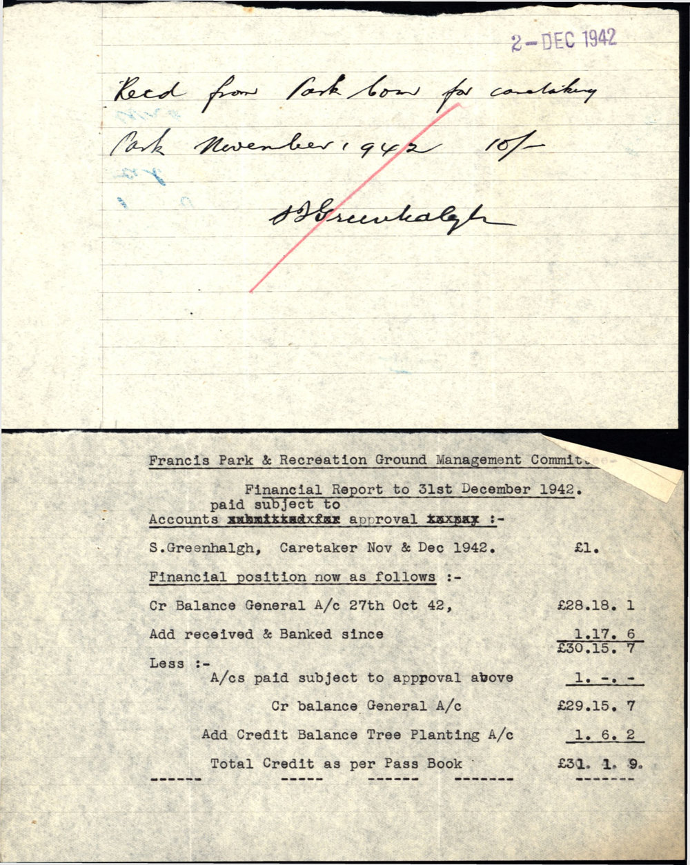 Francis Park &amp; Recreation Ground Management Committee Blacktown, December 1942