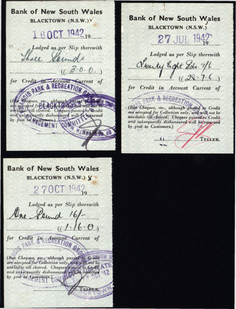 Francis Park &amp; Recreation Ground Management Committee, Blacktown - Deposit Slips, 1942