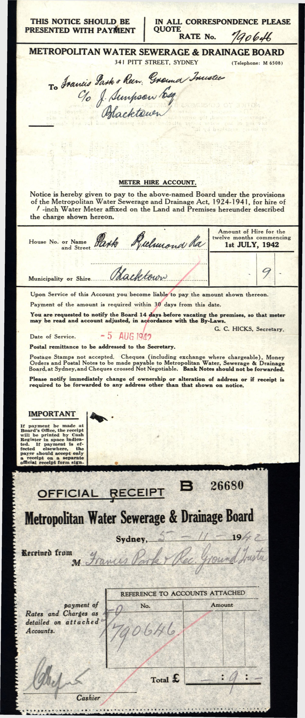 Water Meter hire, 1942