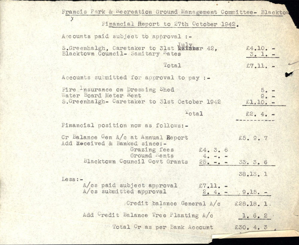 Francis Park &amp; Recreation Ground Management Committee Blacktown, Sep 1942