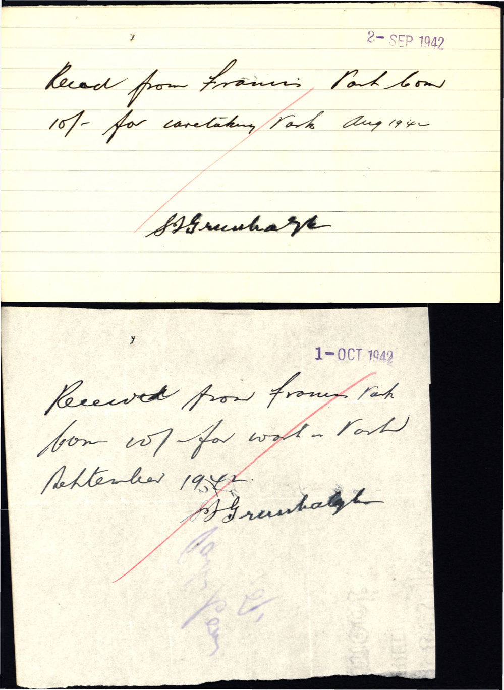 Payment receipts, Samuel James Greenhalgh, Sept-Oct, 1942