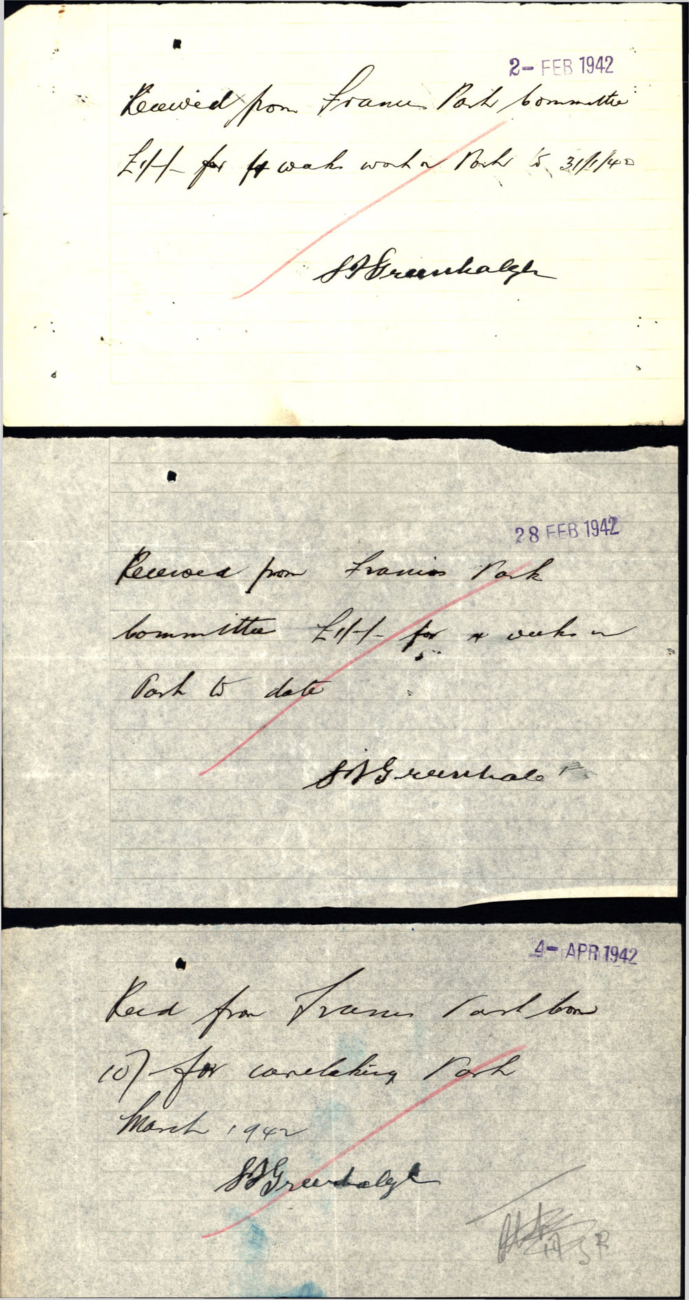 Payment receipts, Samuel James Greenhalgh, Feb-Aug, 1942