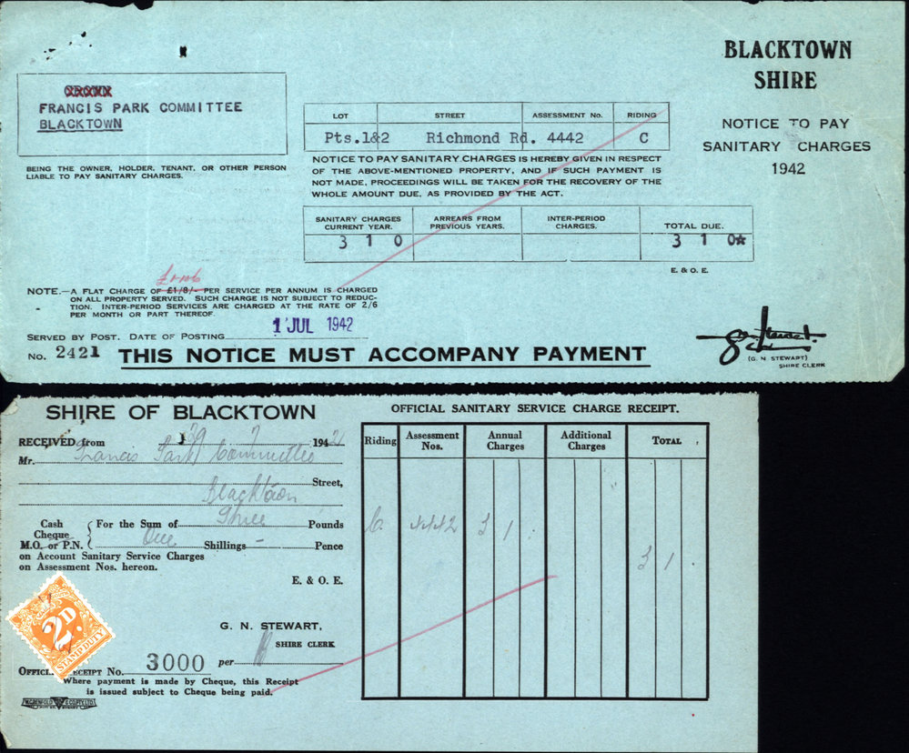 Sanitary charges for Francis Park, Blacktown, 1942