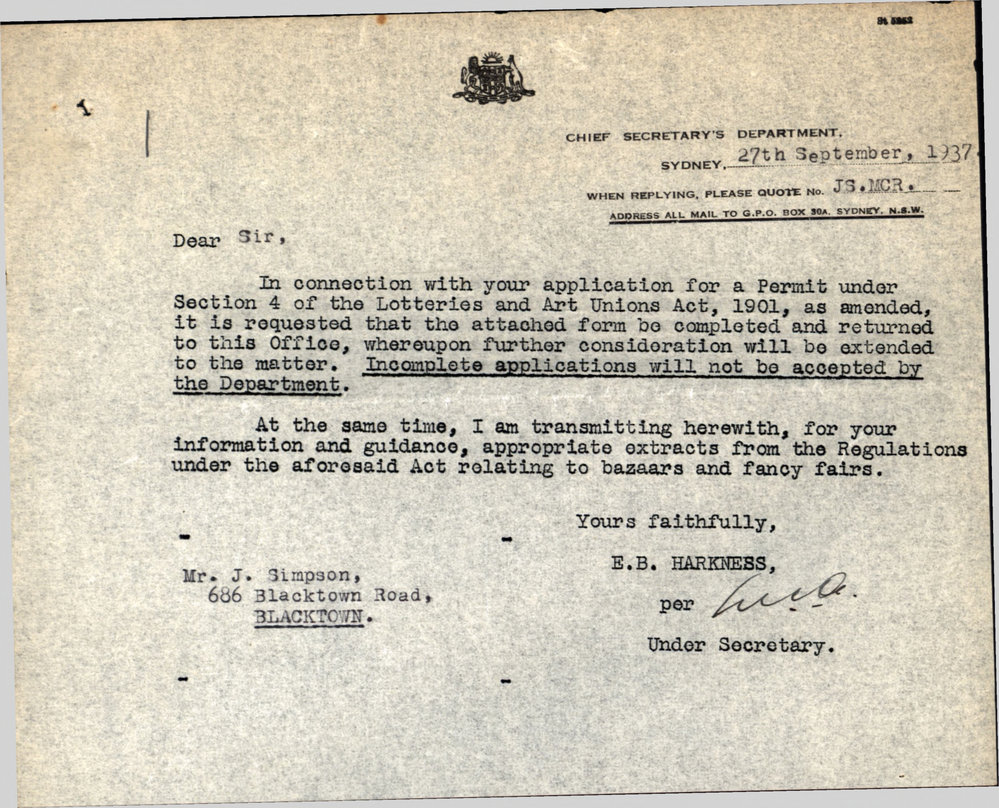 Letter from Chief Secretary's Department to James Simpson, 1937