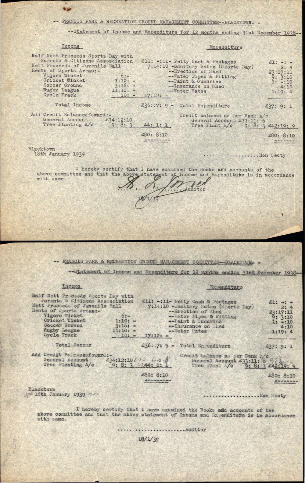Francis Park &amp; Recreation Ground Management Committee Blacktown, Statement of Income and Expenditure, 1938