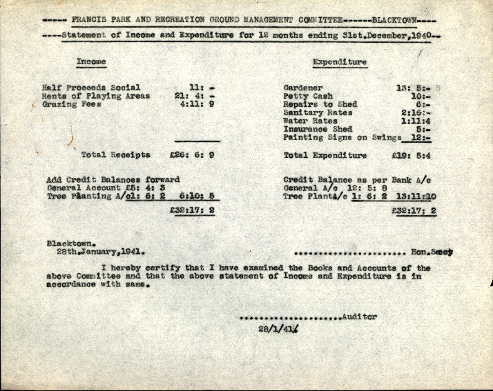 Francis Park &amp; Recreation Ground Management Committee Blacktown, Statement of Income and Expenditure, 1940