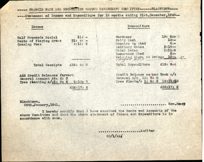 Francis Park &amp; Recreation Ground Management Committee Blacktown, Statement of Income and Expenditure, 1940 (amended)