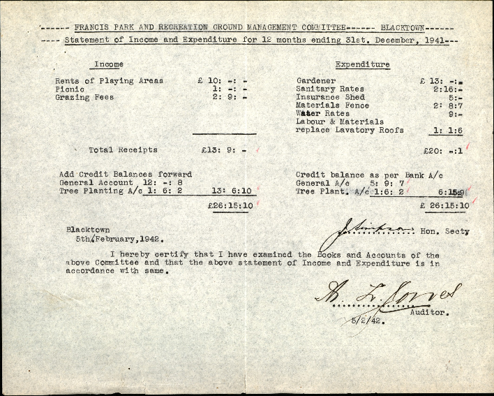 Francis Park &amp; Recreation Ground Management Committee Blacktown, Statement of Income and Expenditure, 1941