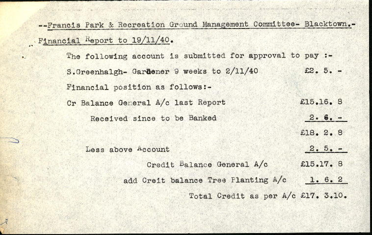 Francis Park &amp; Recreation Ground Management Committee Blacktown, November 1940