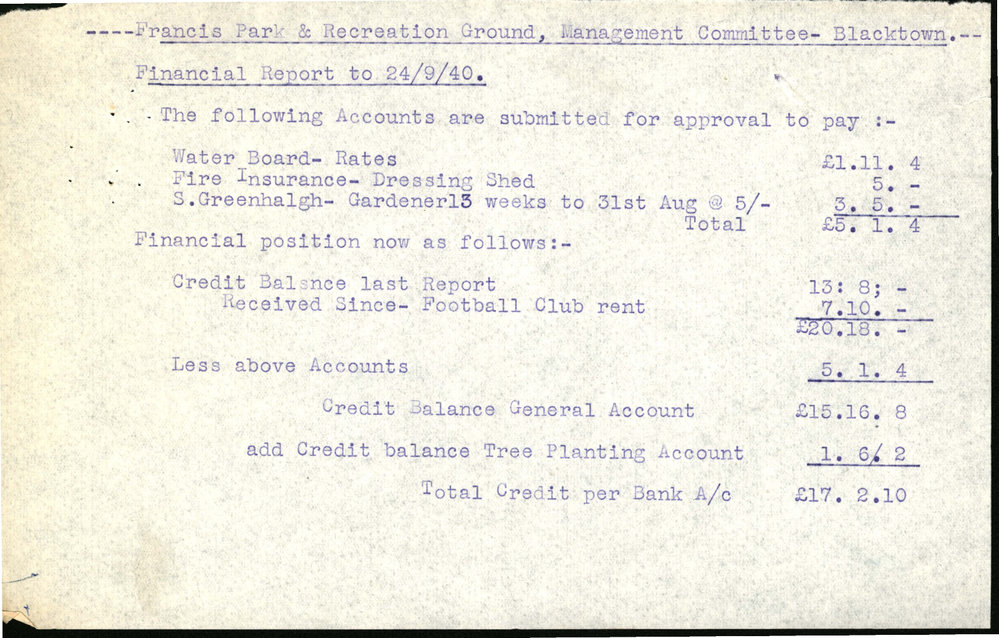 Francis Park &amp; Recreation Ground Management Committee Blacktown, Sep 1940