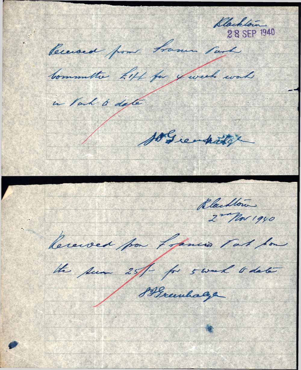 Payment receipts, Samuel James Greenhalgh, Sep-Nov, 1940