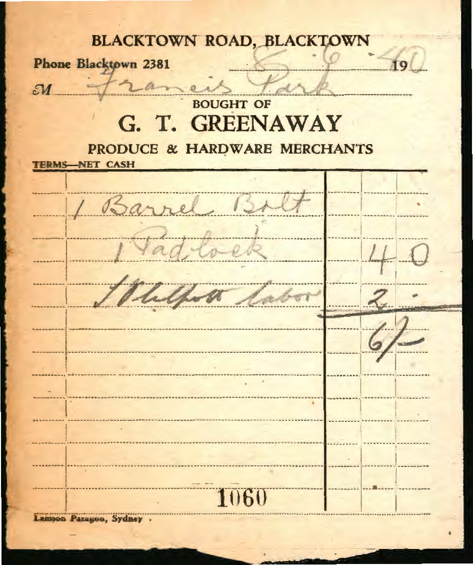 G T Greenway purchase docket, 1940