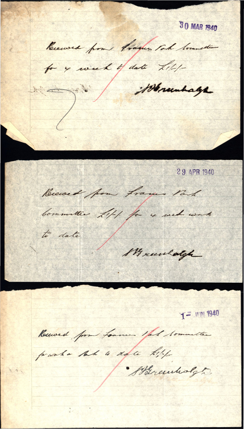 Payment receipts, Samuel James Greenhalgh, Mar-Jun,1940