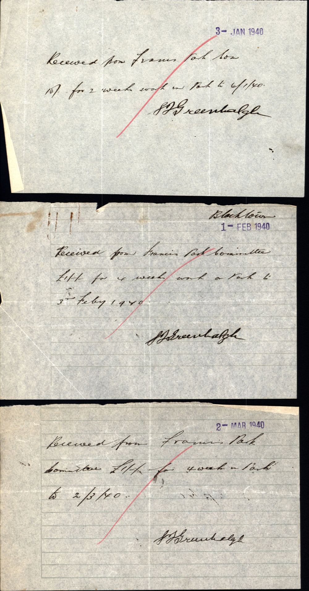 Payment receipts, Samuel James Greenhalgh, Jan-Mar,1940