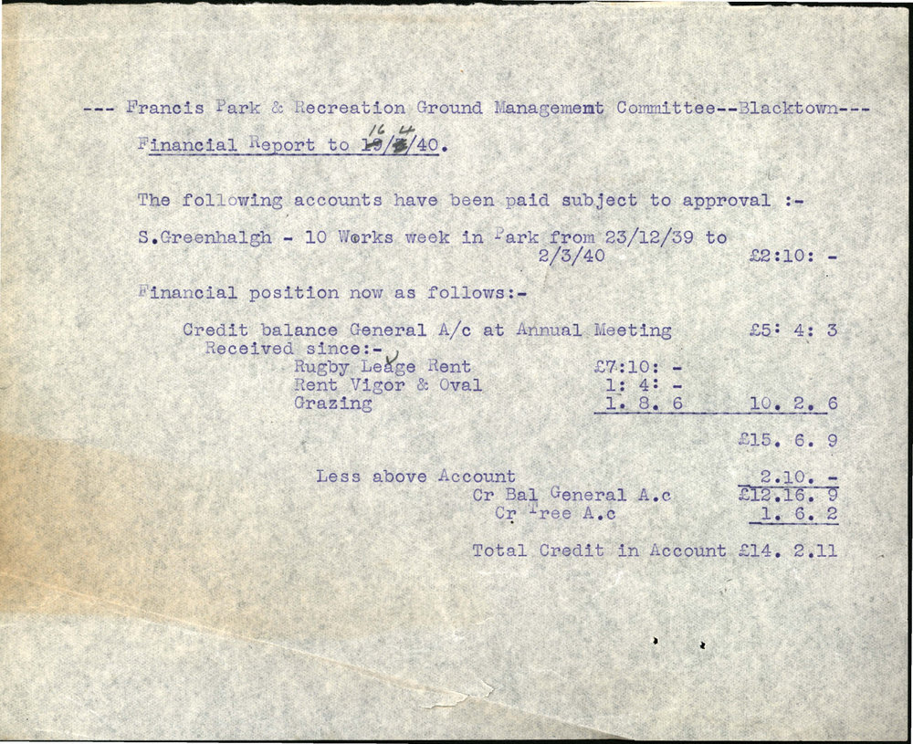 Francis Park &amp; Recreation Ground Management Committee Blacktown, April 1940