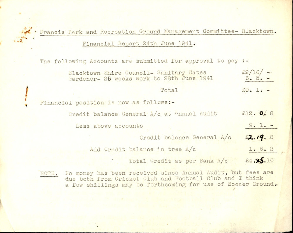Francis Park &amp; Recreation Ground Management Committee Blacktown, Jun 1941
