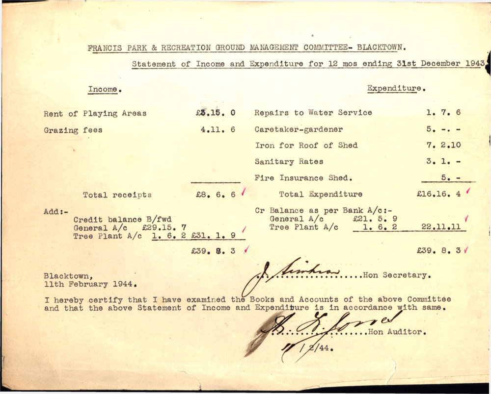 Francis Park &amp; Recreation Ground Management Committee Blacktown, Statement of Income and Expenditure, 1943