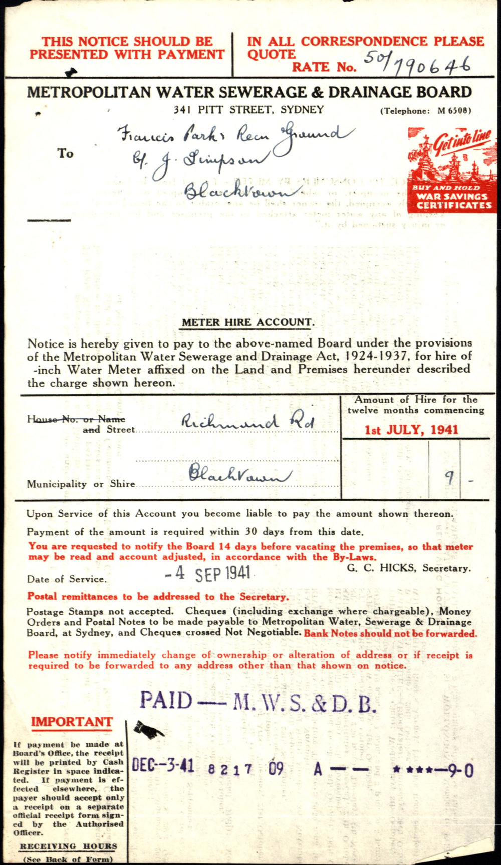 Metropolitan Water Sewerage and Drainage Board Notice, 1941