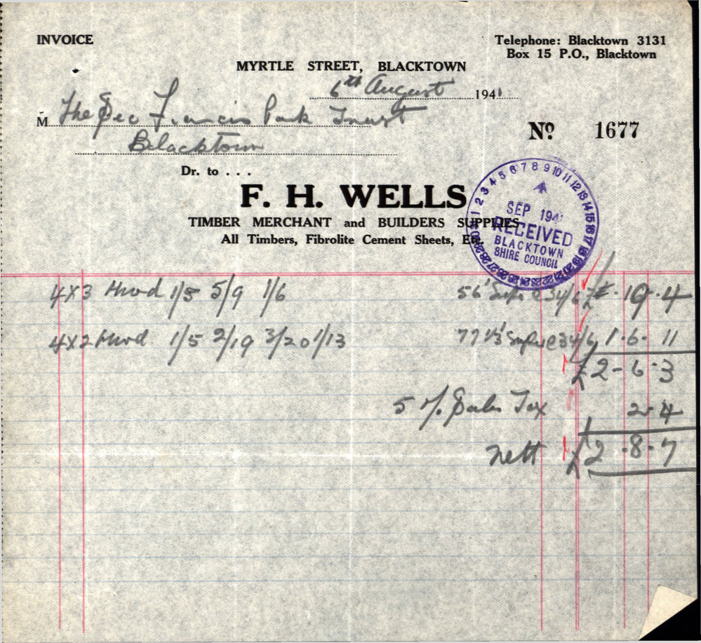 Invoices and Receipts from F H Wells, Blacktown, 1941