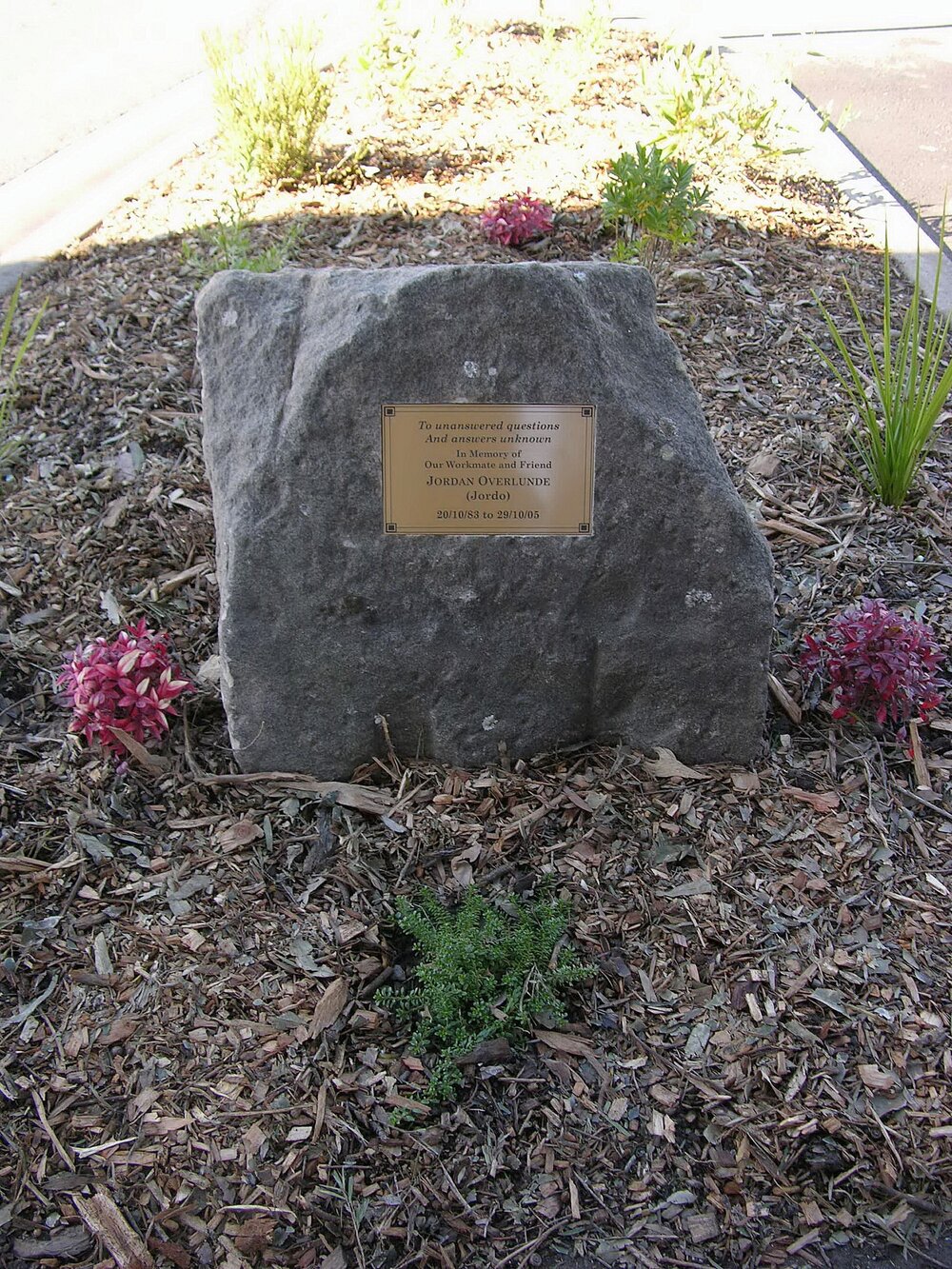 Plaque in memory of Jordan Overlunde (Jordo)