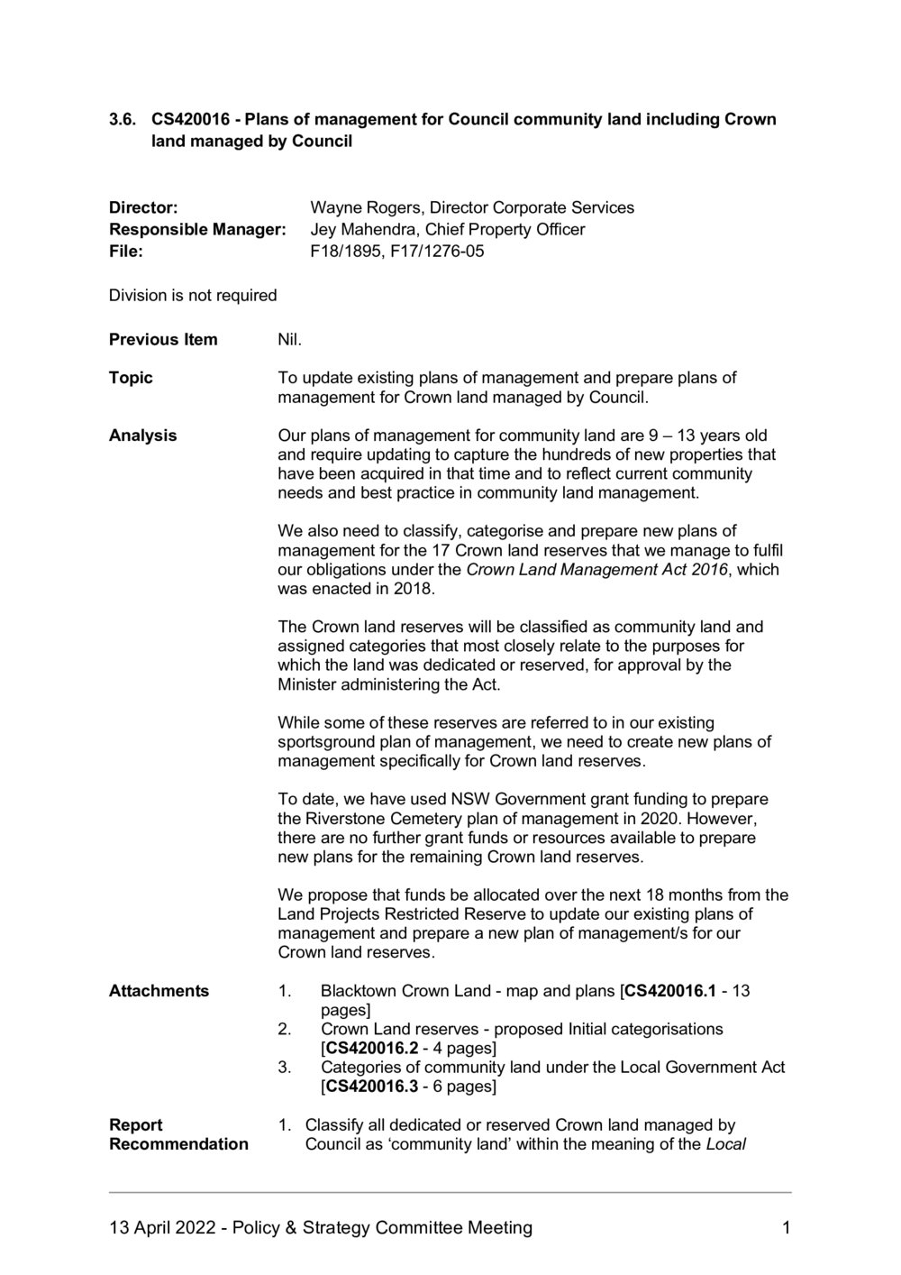 Plans of management for Council community land including Crown land managed by Council