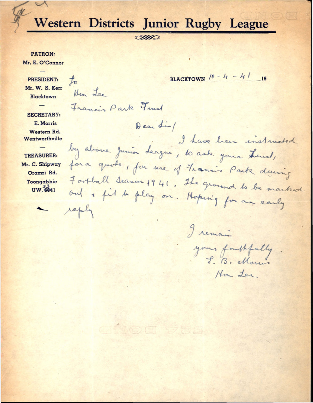 Letter from E B Morris to James Simpson, 1941