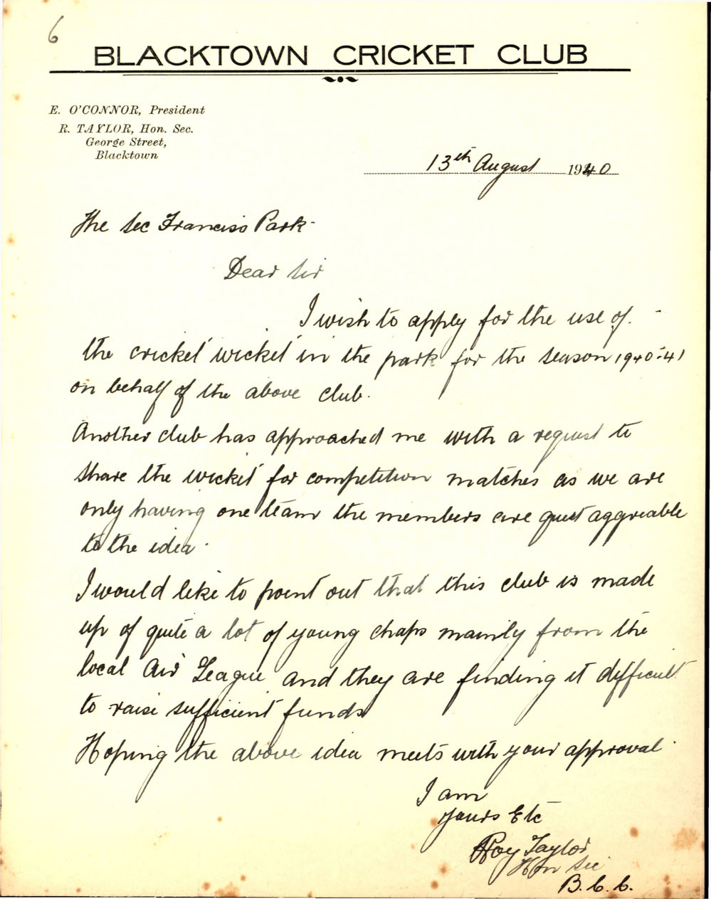 Letter from Blacktown Cricket Club to Francis Park Management Committee, 1940