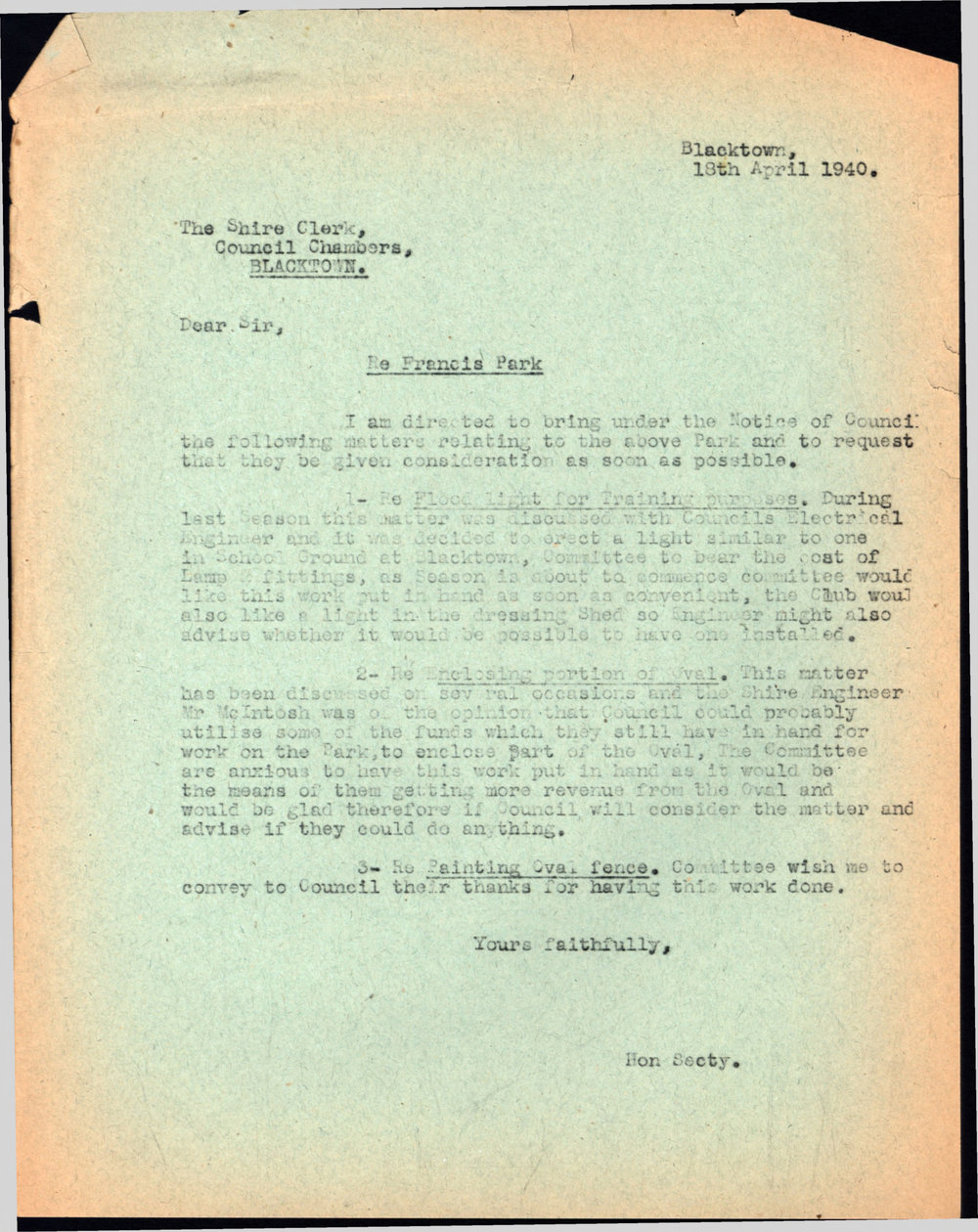 Letter from James (Jim) Simpson to Blacktown Shire Clerk George Nixon Stewart, 1940